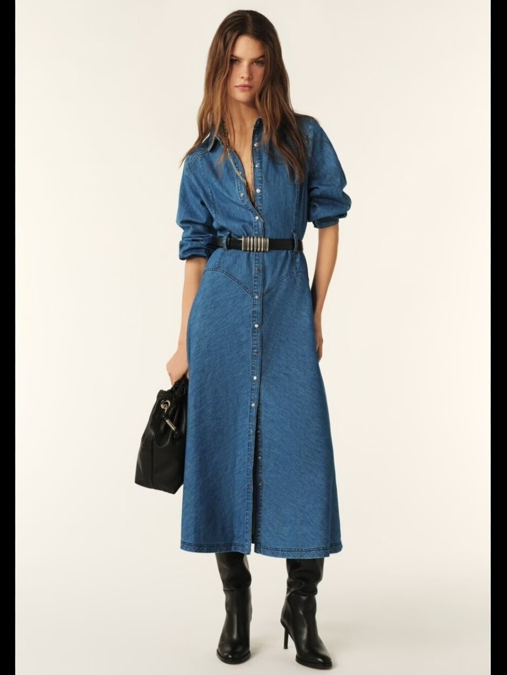ba&sh Blue Denim Long-Sleeve Shirt Dress with Tie Waist